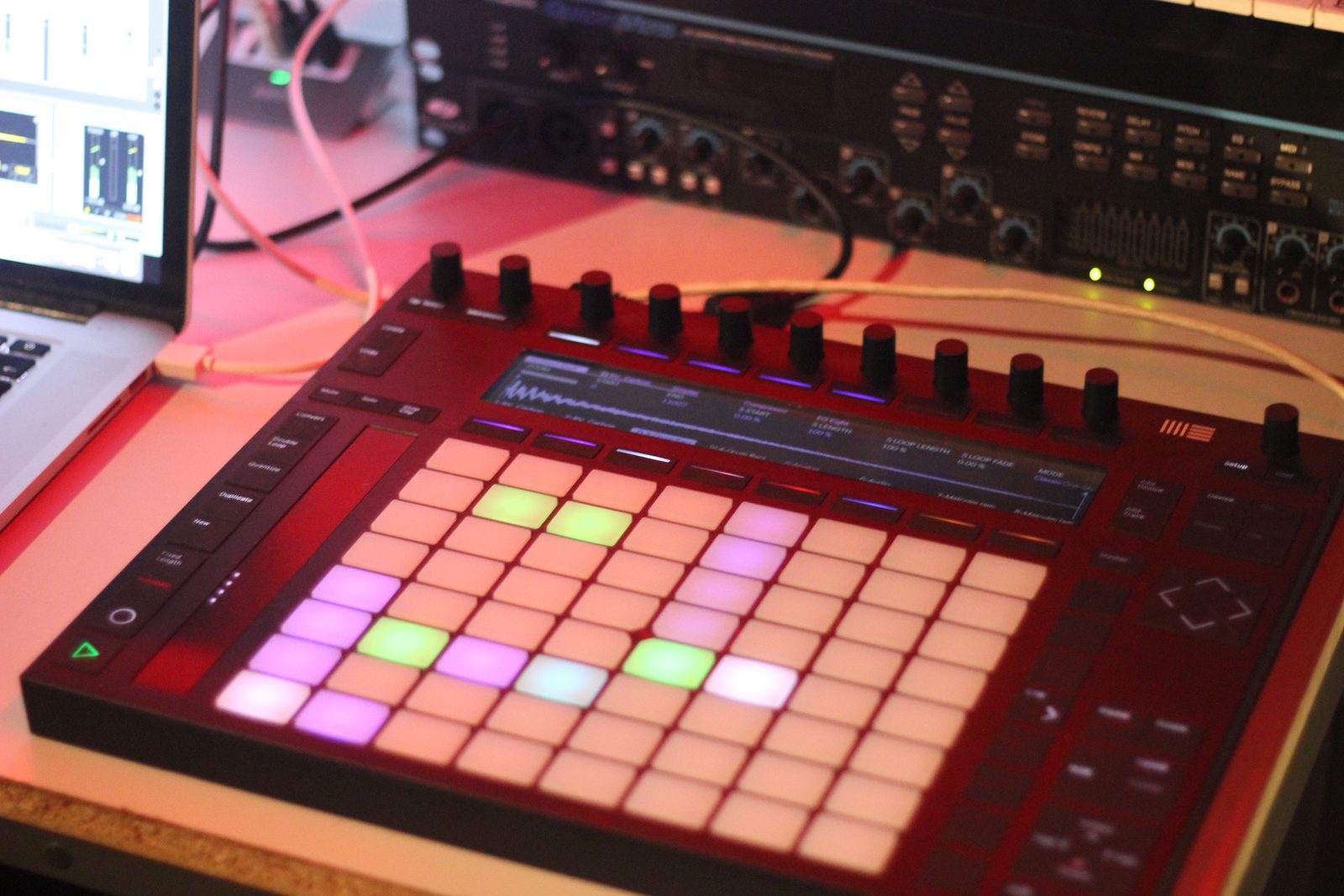 Ableton Push pads lit up during a production session